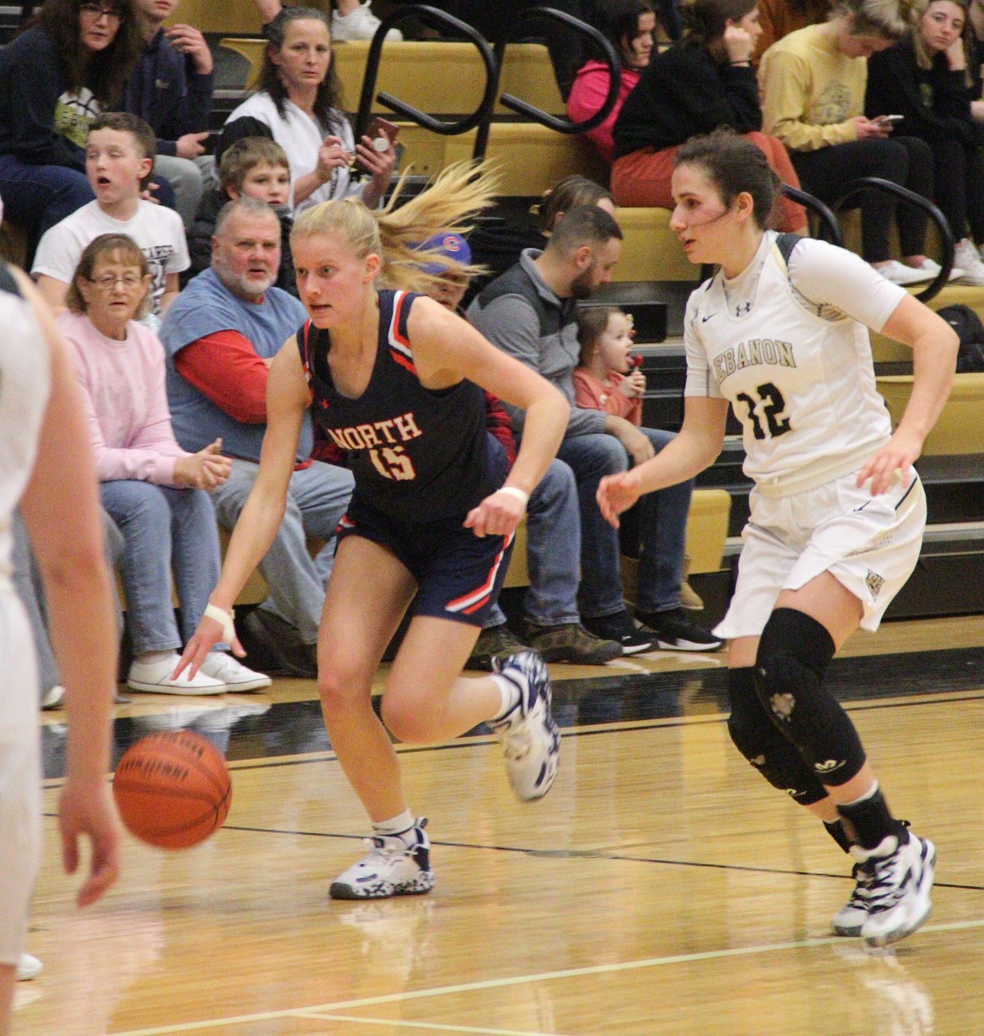 Senior Madi Welch led the rally on the defensive end for the Chargers guarding Lebanon’s top scorer in Alexis Wines.